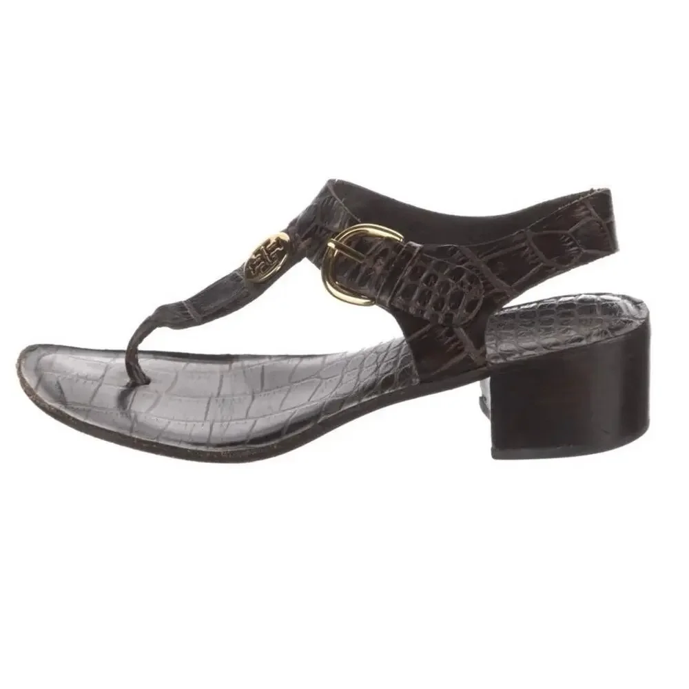 Tory Burch Brown Croc Embossed Leather T-Strap Block Heel Sandals 5.5 Medallion